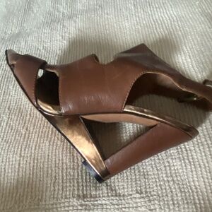 Brown gold leather wedge sandals